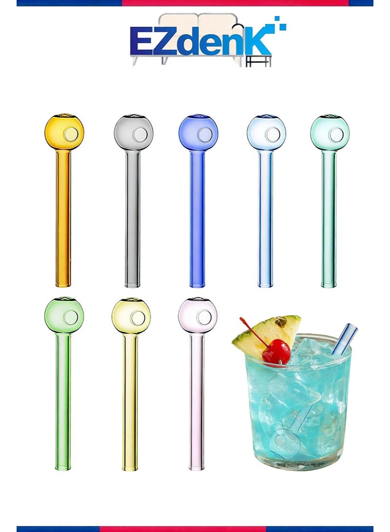 إزدنك 8 قطع من القش الزجاجي القابل لإعادة الاستخدام من البورسليكات بطول 10 سم، قش زجاجي مقاوم للكسر مع فرشاة تنظيف واحدة، مجموعة قش زجاجي ملون قابل لإعادة الاستخدام، قش كروي مجوف شفاف لطيف (8 ألوان) - Image 1